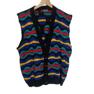 Scandia Vintage Colorful Wavy Stripe 3D Knit Sweater Vest Button Down Sz L